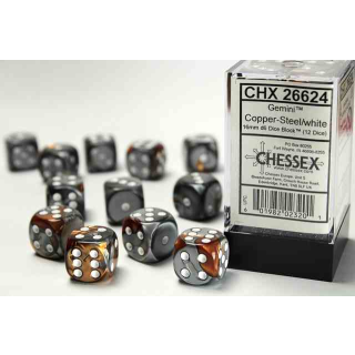 Gemini 16mm d6 Copper-Steel/white Dice Block (12 dice)