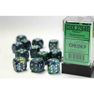 Festive 16mm d6 Green/silver Dice Block (12 dice)