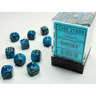 Phantom 12mm d6 Teal/gold Dice Block (36 dice)