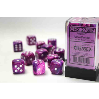 Festive 16mm d6 Violet/white Dice Block (12 dice)