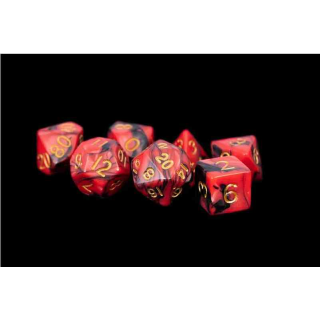 16mm Acrylic Poly Dice Set: Red/Black with Gold Numbers