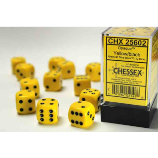 Opaque 16mm d6 Yellow/black Dice Block (12 dice)