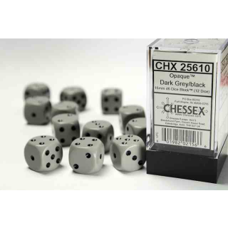 Opaque 16mm d6 Grey/black Dice Block (12 dice)